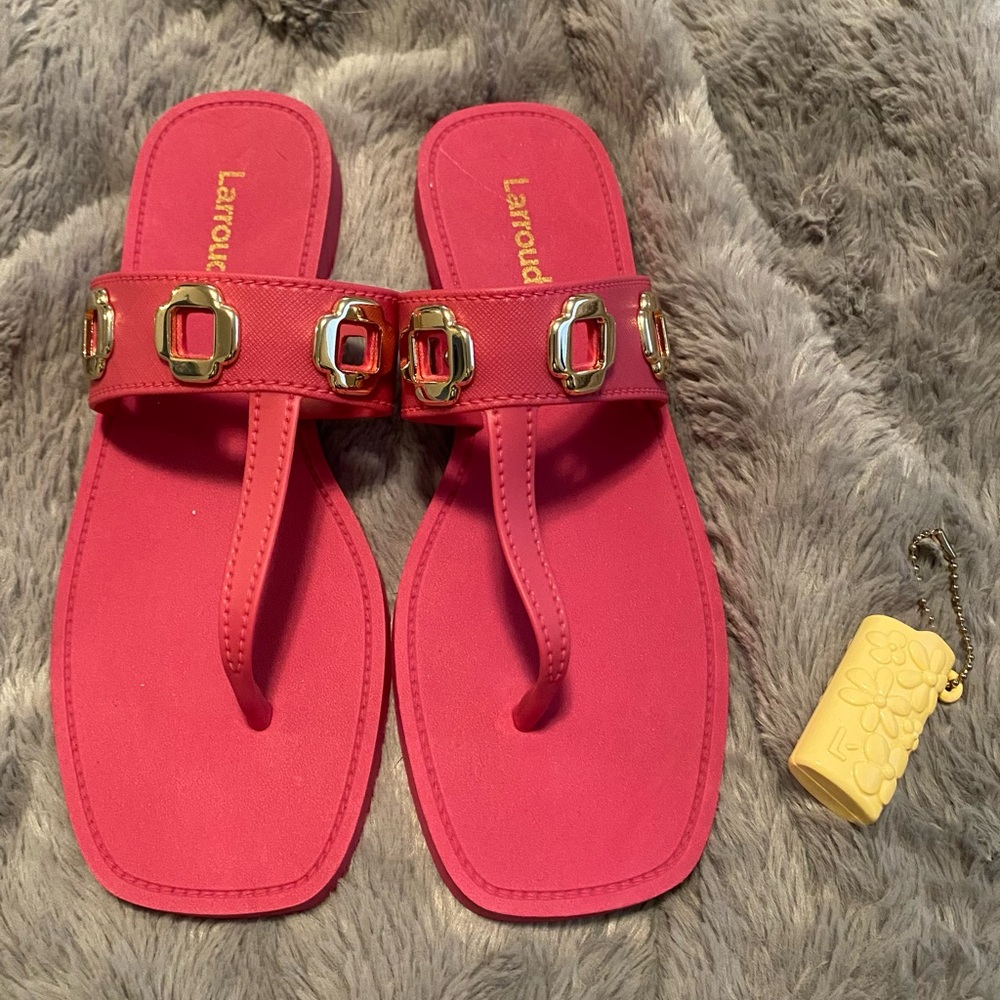 Larroude Hot Pink Toe-Post Slide Sandals with Gold Medallions